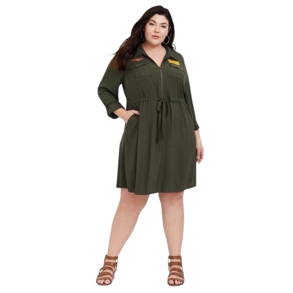 Torrid Her Universe Captain Marvel Olive Patchwork Shirt Dress